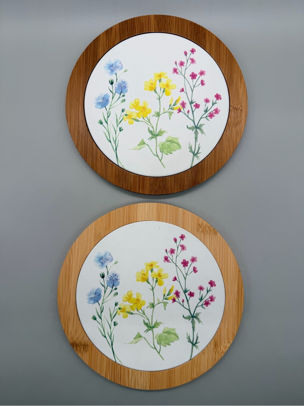 VTG Style Wildflower Ceramic Trivet Set 2pc Botanical Bamboo Cottagecore Hot Pad